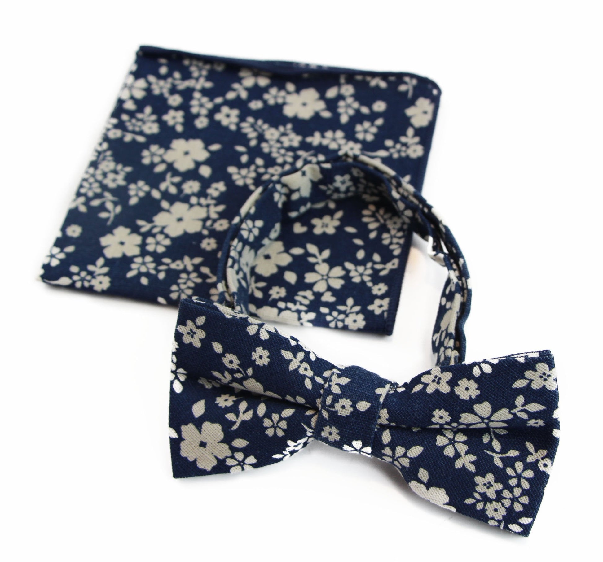 Mens Navy & White Flowers Cotton Bow Tie & Pocket Square Set