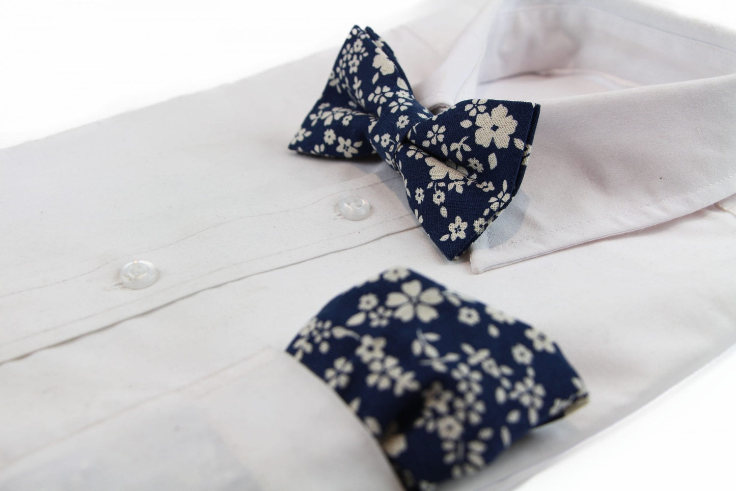Mens Navy & White Flowers Cotton Bow Tie & Pocket Square Set