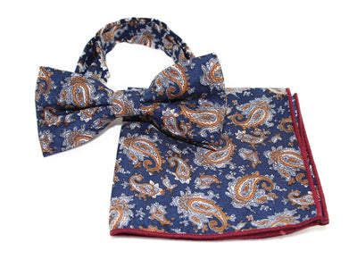 Mens Navy, White & Orange Paisley Cotton Bow Tie & Pocket Square Set