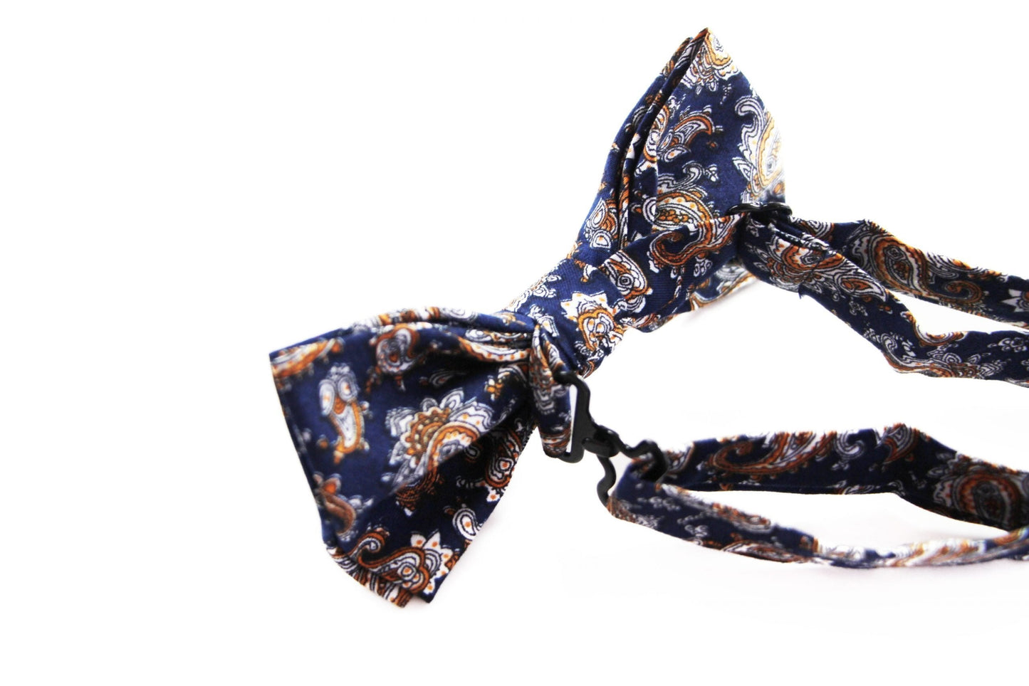 Mens Navy, White & Orange Paisley Cotton Bow Tie & Pocket Square Set