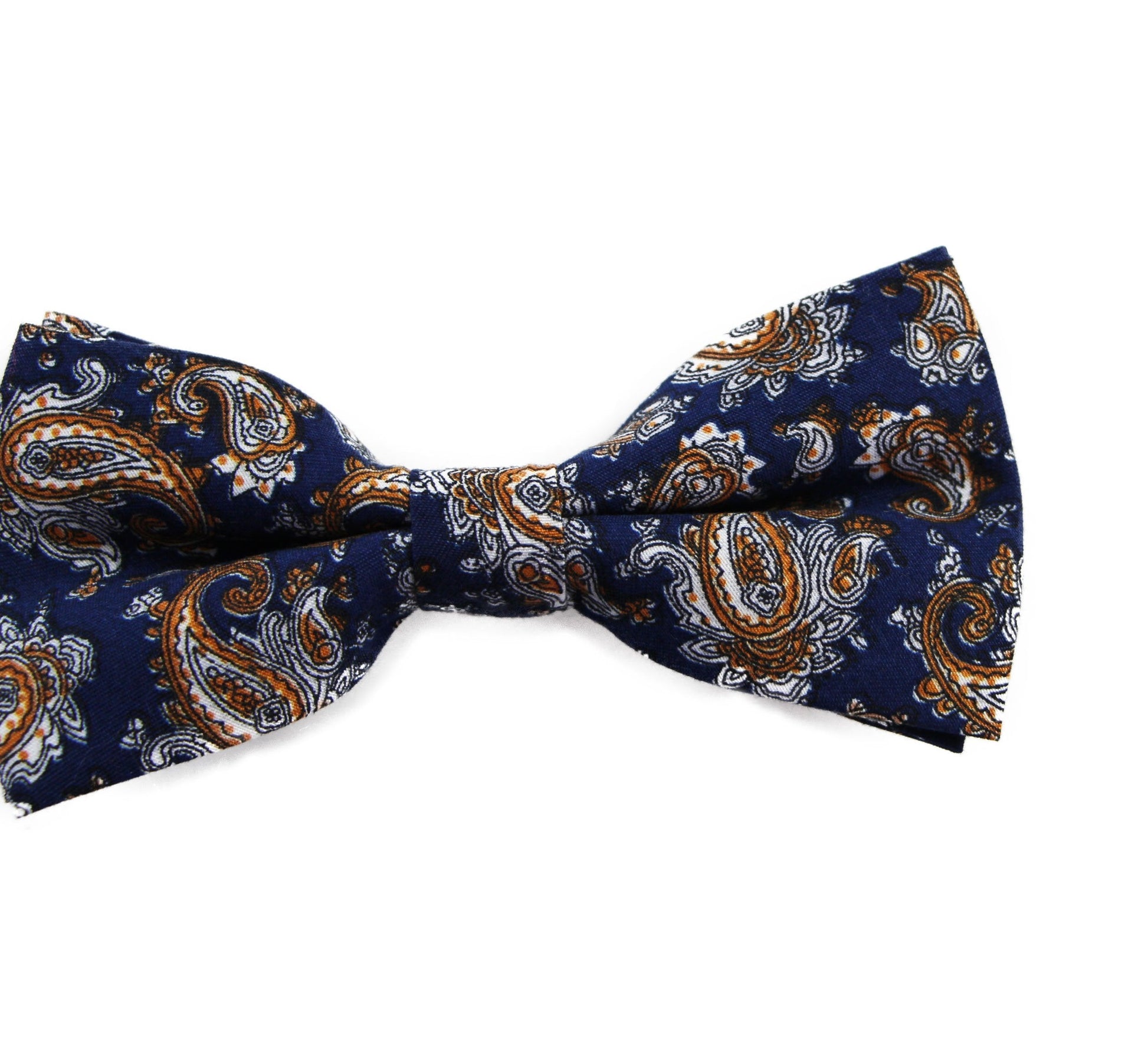 Mens Navy, White & Orange Paisley Cotton Bow Tie & Pocket Square Set
