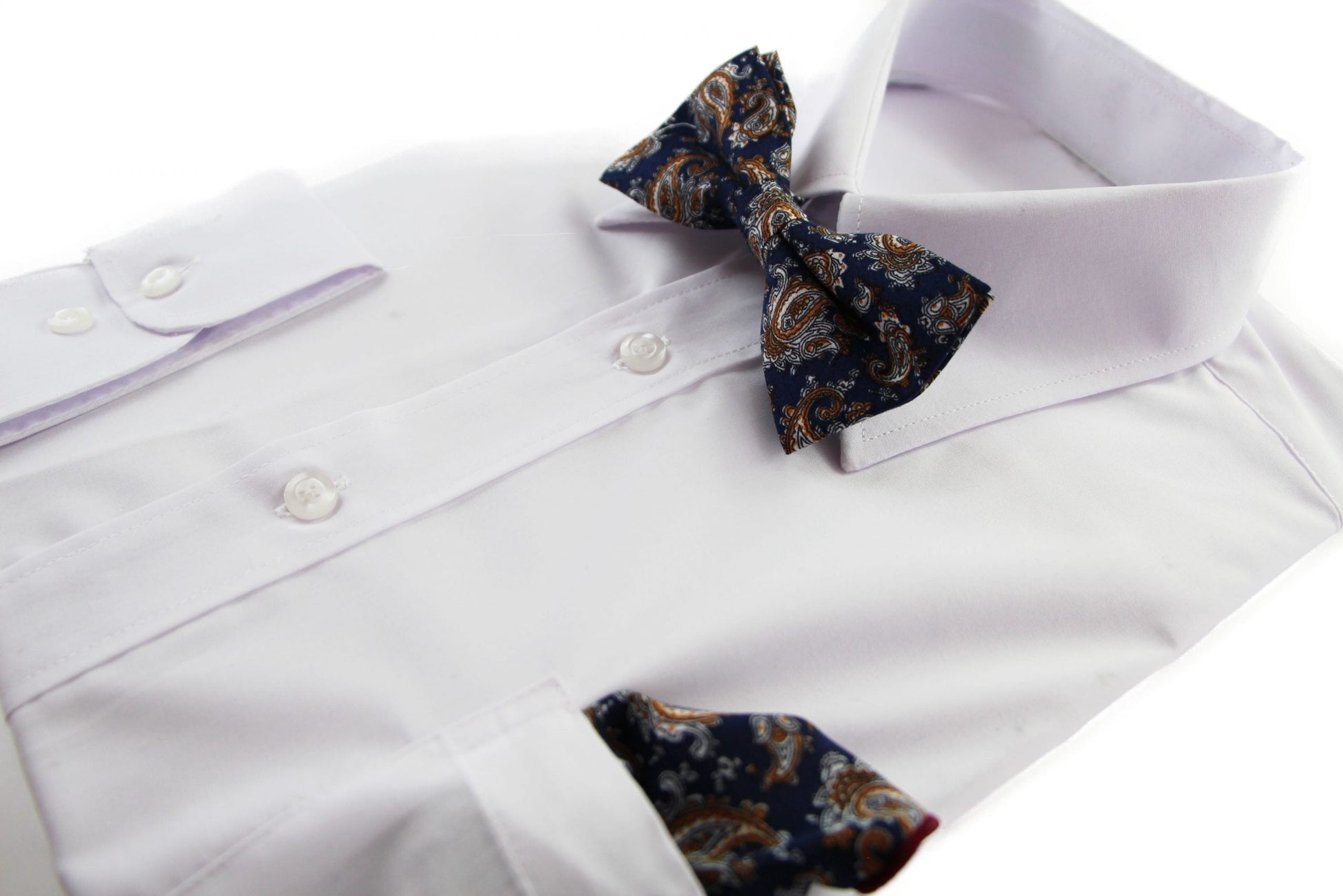 Mens Navy, White & Orange Paisley Cotton Bow Tie & Pocket Square Set