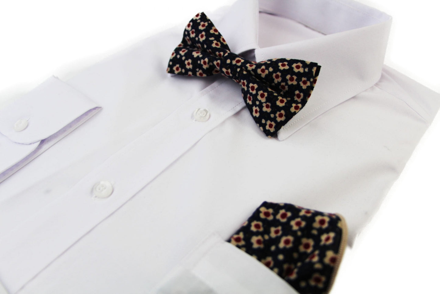 Mens Navy With Cream & Red Flowers Cotton Bow Tie & Pocket Square Set