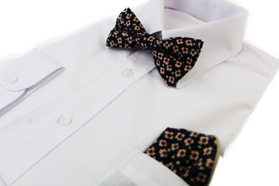 Mens Navy With Cream & Red Flowers Cotton Bow Tie & Pocket Square Set