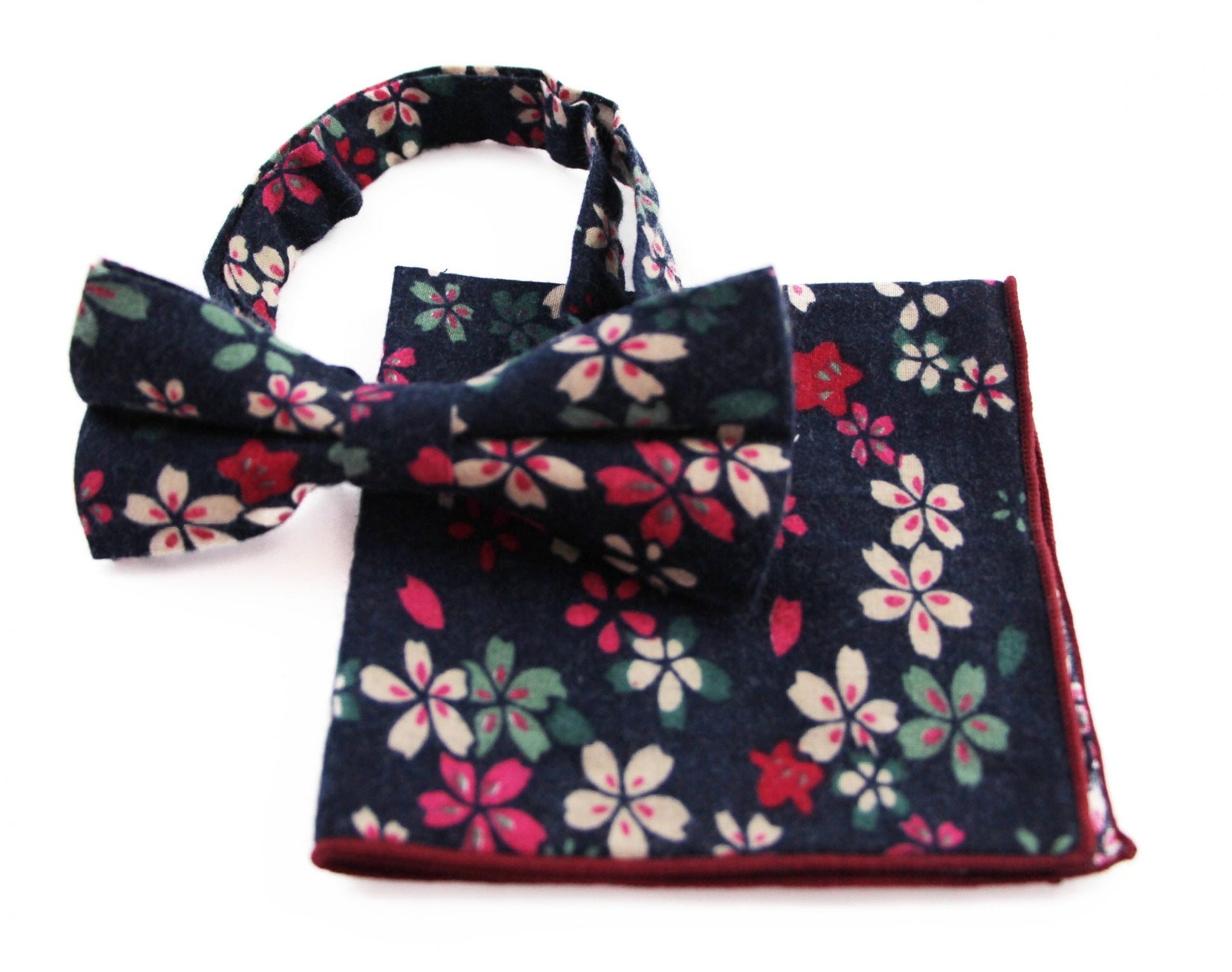 Mens Navy With Pink, Cream & Green Flowers Cotton Bow Tie & Pocket Square Set