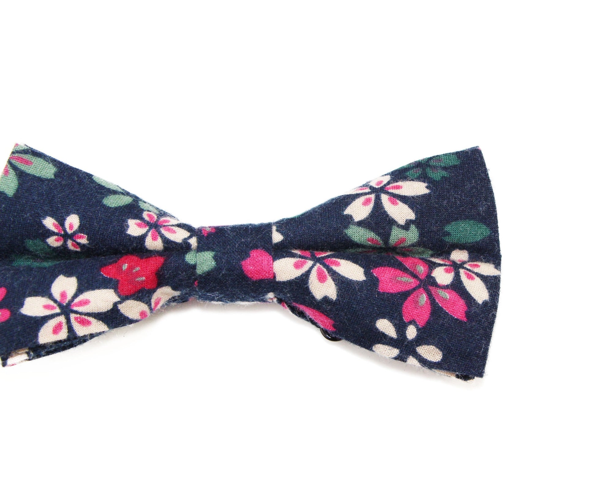 Mens Navy With Pink, Cream & Green Flowers Cotton Bow Tie & Pocket Square Set