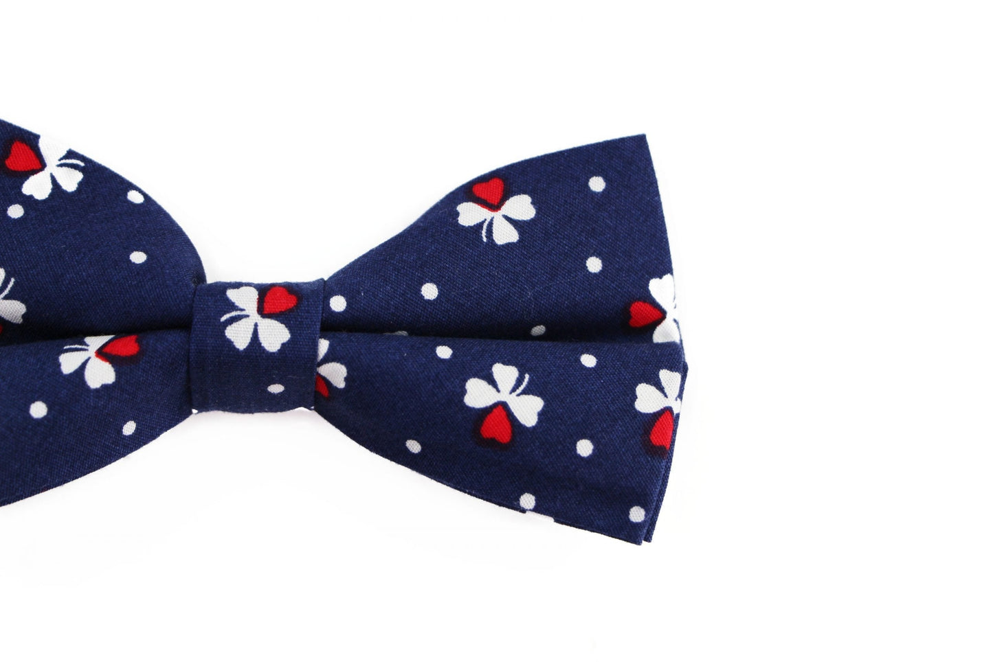Mens Navy, With Red & White Clover Cotton Bow Tie & Pocket Square Set