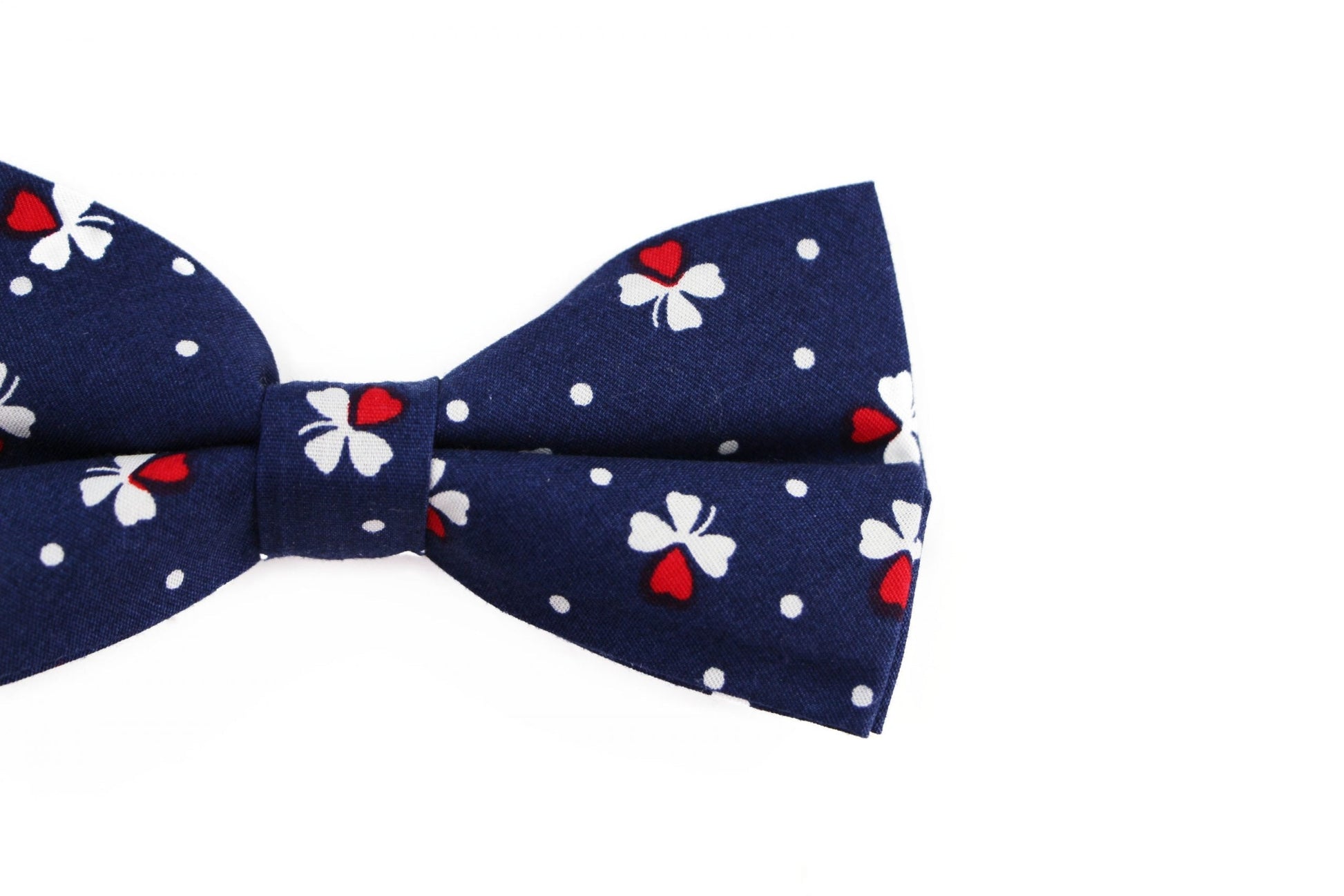 Mens Navy, With Red & White Clover Cotton Bow Tie & Pocket Square Set