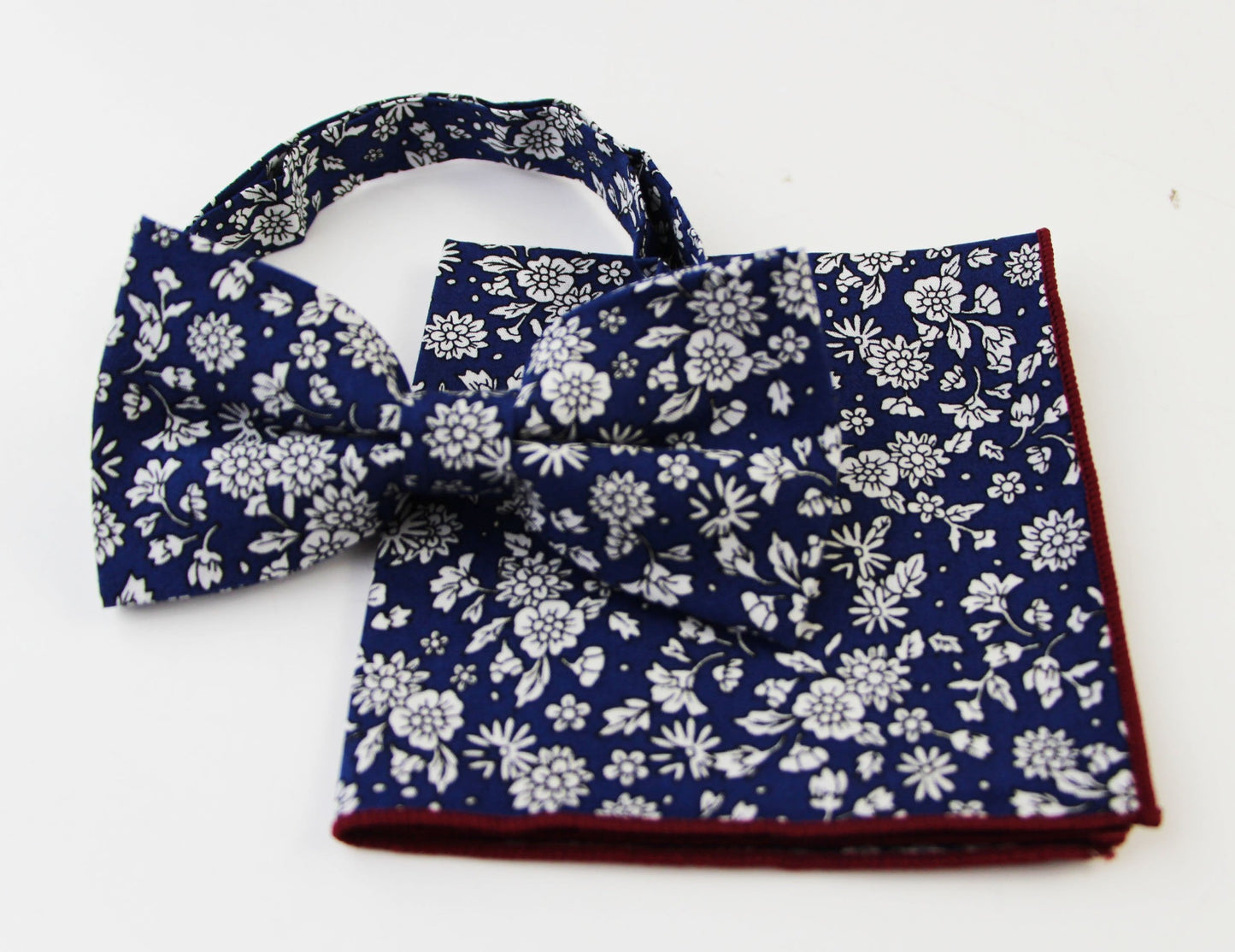 Mens Navy With White Flowers Cotton Bow Tie & Pocket Square Set