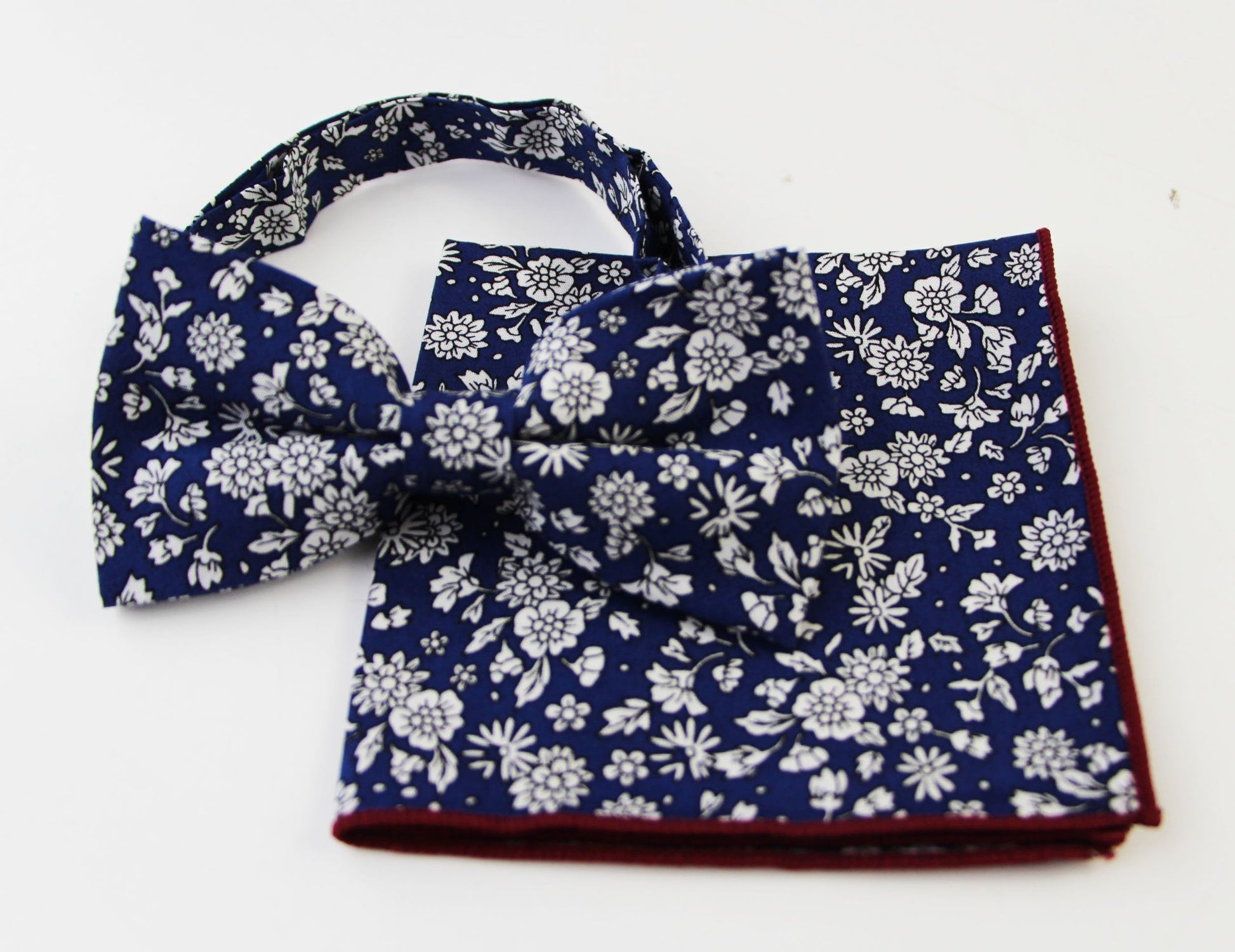 Mens Navy With White Flowers Cotton Bow Tie & Pocket Square Set