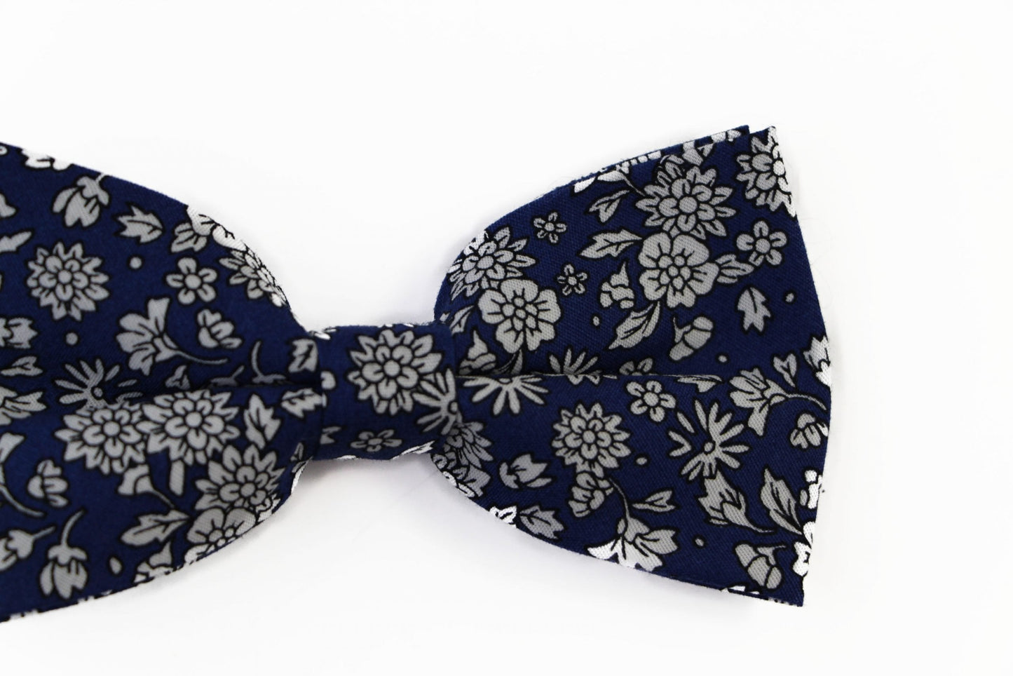 Mens Navy With White Flowers Cotton Bow Tie & Pocket Square Set