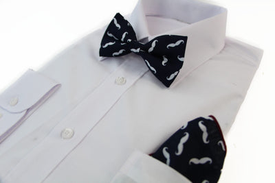 Mens Navy With White Moustache Cotton Bow Tie & Pocket Square Set