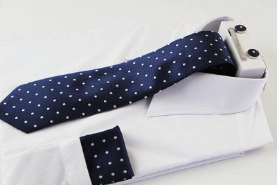 Mens Navy With White Polka Dot Matching Neck Tie, Pocket Square, Cuff Links And Tie Clip Set