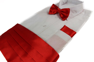 Mens Red Orange Cummerbund & Matching Plain Bow Tie And Pocket Square Set
