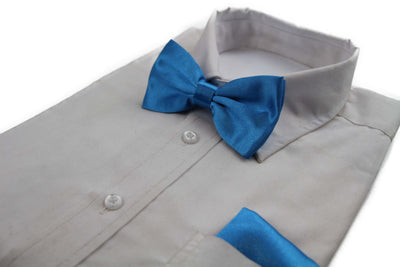 Mens Santorini Blue Plain Bow Tie & Matching Pocket Square Set