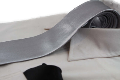 Mens Silver 8cm Neck Tie & Black Pocket Square Set