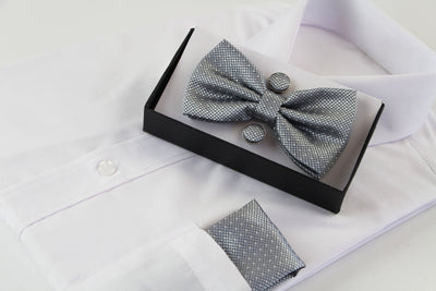 Mens Silver Checkered Matching Bow Tie, Pocket Square & Cuff Links Set