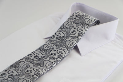 Mens Silver & Dark Grey Paisley Patterned 8cm Neck Tie