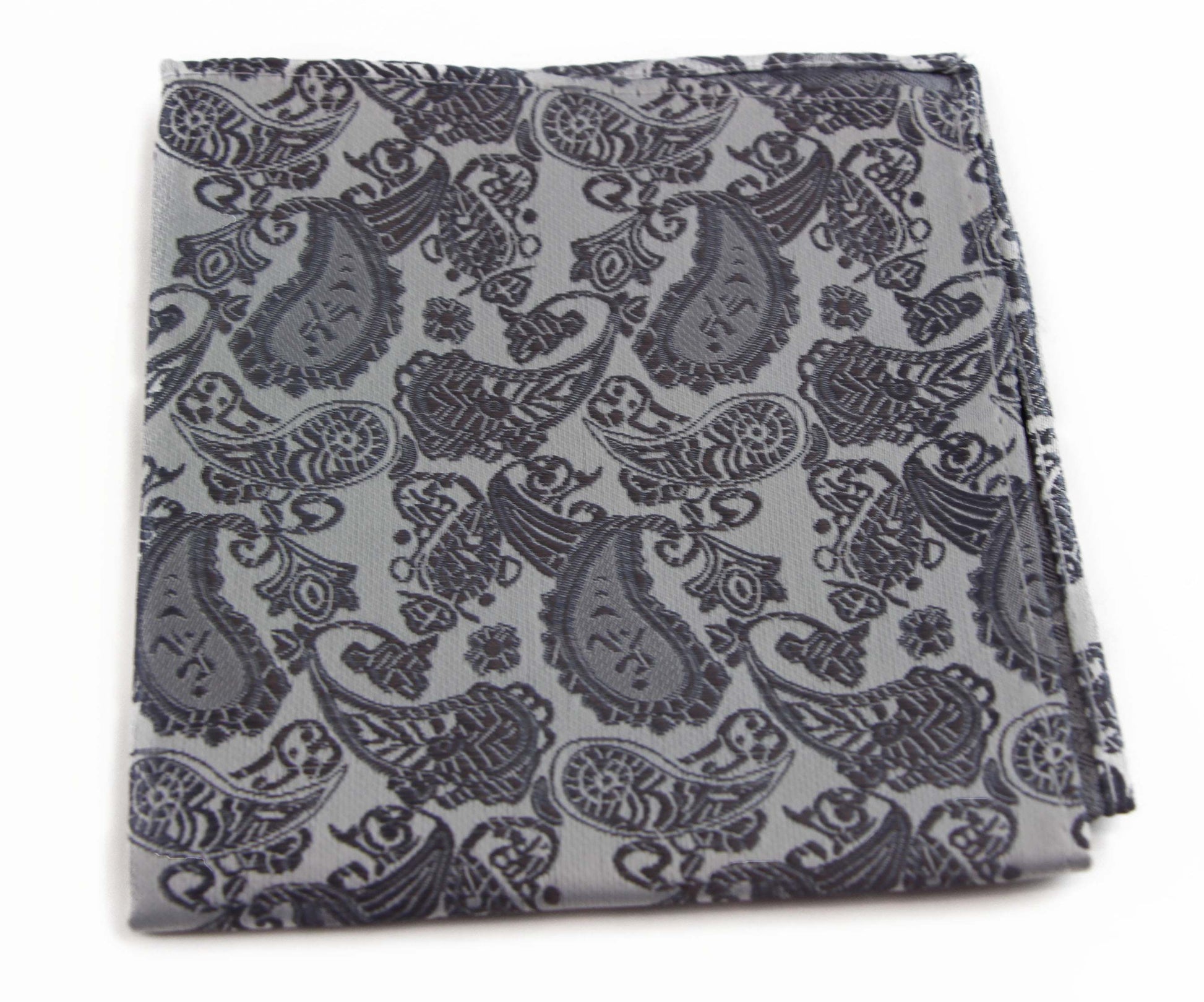 Mens Silver & Dark Silver Paisley Silk Pocket Square