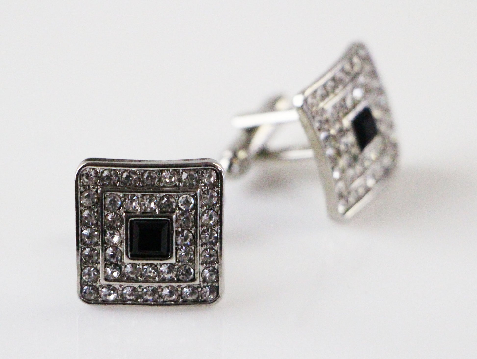 Mens Silver Square With Black Diamond Cufflinks