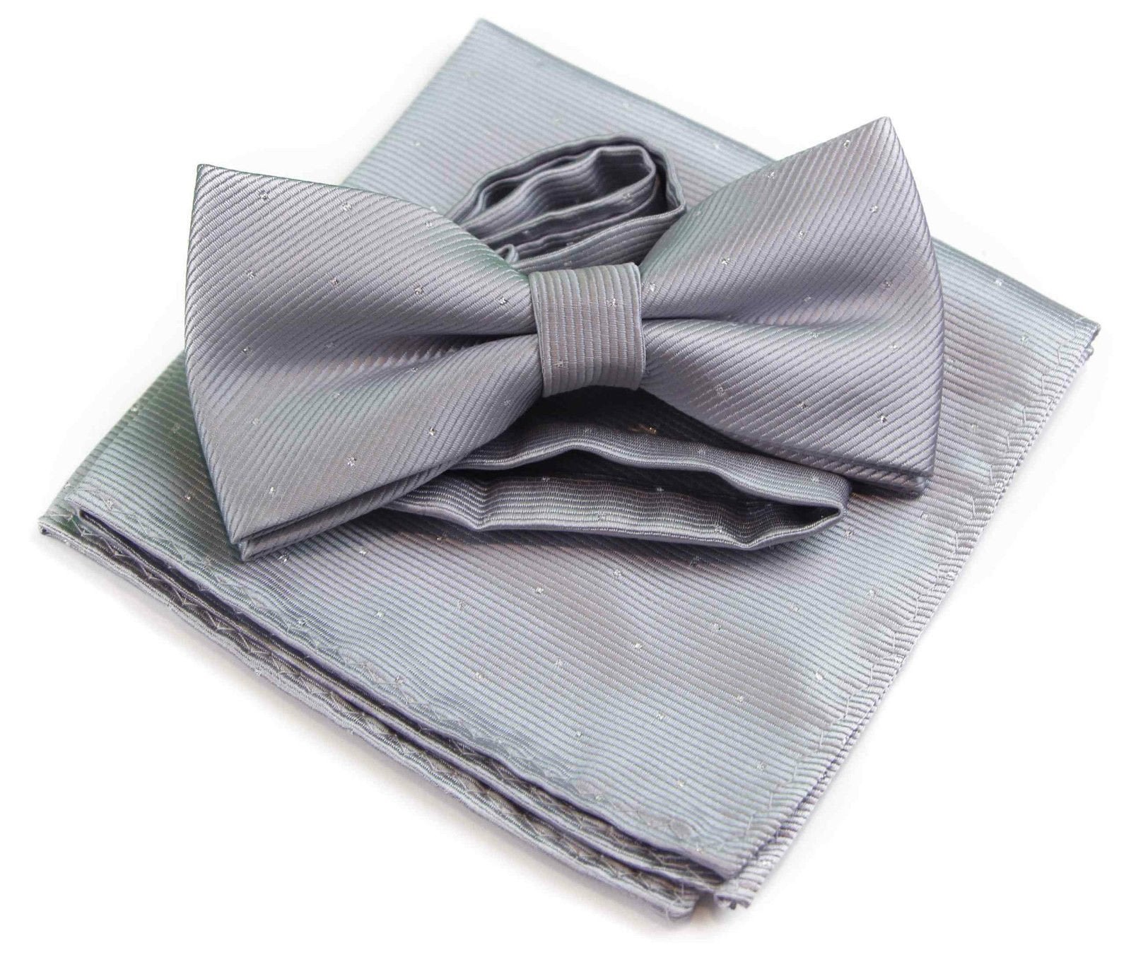 Mens Silver With Silver Stars Matching Bow Tie & Pocket Square Set