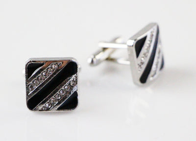 Mens Square With Black And Silver Diagonal Stripes Cufflinks