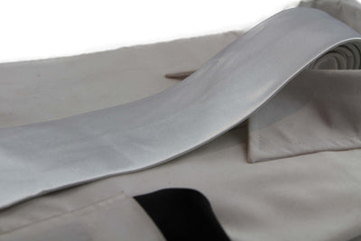 Mens White 8cm Neck Tie & Black Pocket Square Set