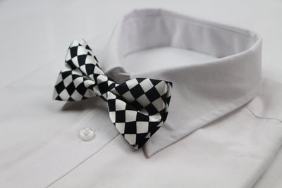 Mens White & Black Checkered Block Patterned Bow Tie