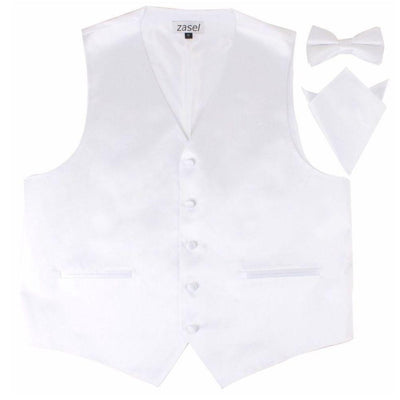 Mens White Plain Vest Waistcoat & Matching Bow Tie & Pocket Square