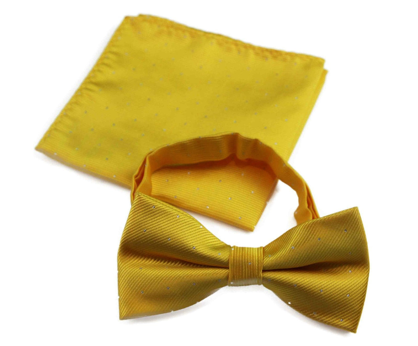 Mens Yellow With Silver Stars Matching Bow Tie & Pocket Square Set