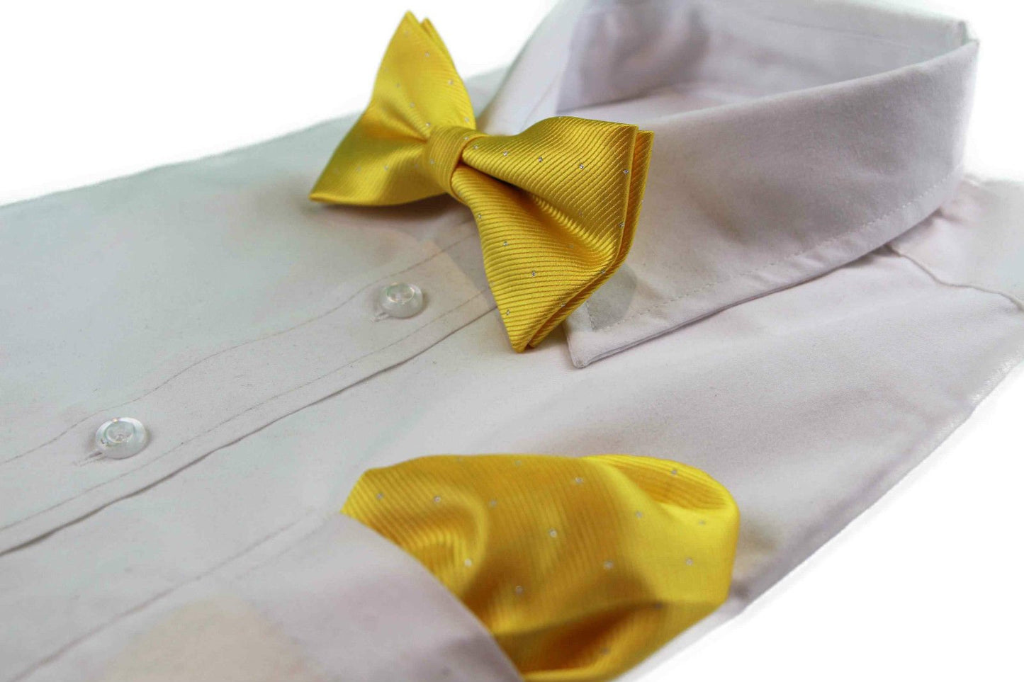 Mens Yellow With Silver Stars Matching Bow Tie & Pocket Square Set