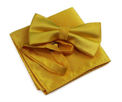 Mens Yellow With Silver Stars Matching Bow Tie & Pocket Square Set