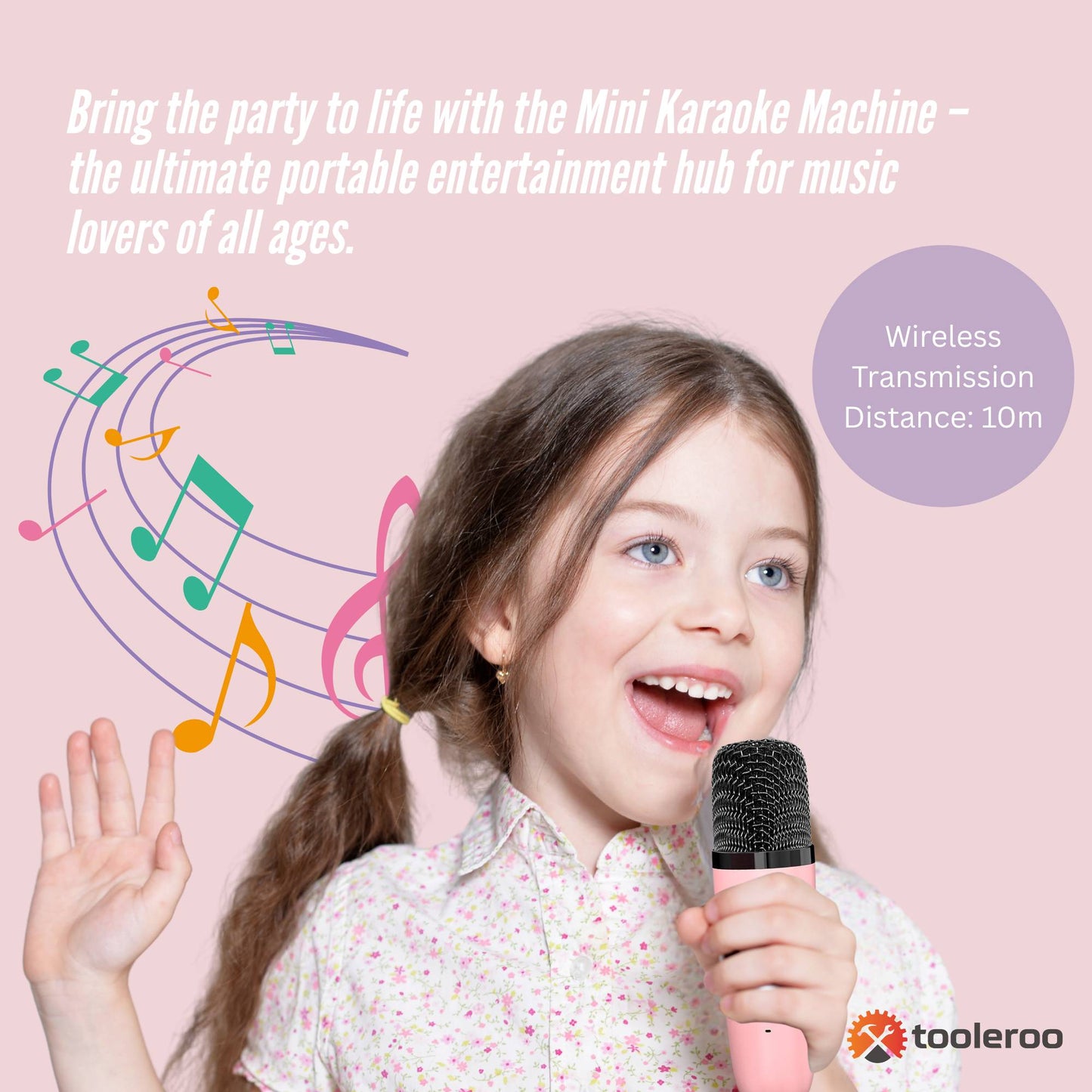 Mini Karaoke Machine and 2x Wireless Microphones Portable Bluetooth Speaker Pink