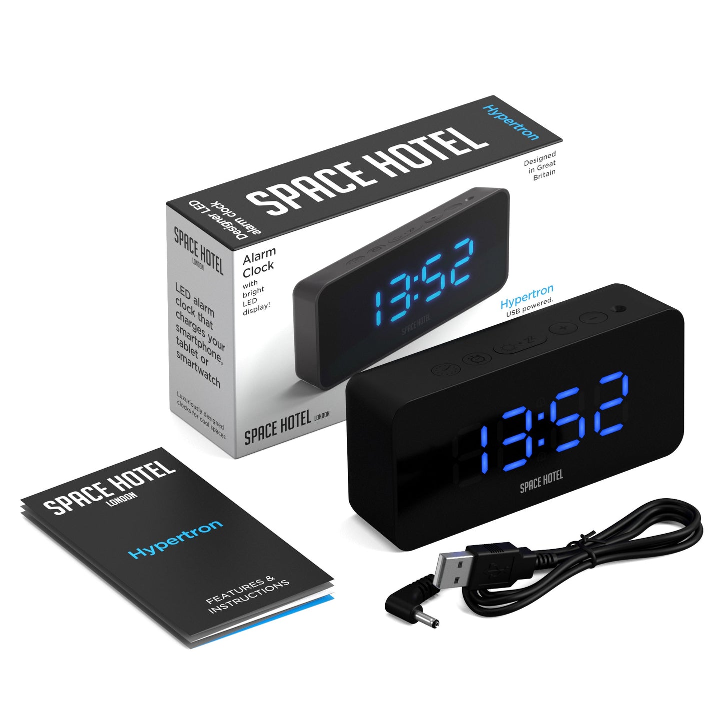 Newgate Space Hotel Hypertron Alarm Clock Black Case - Black Lens - Blue Led