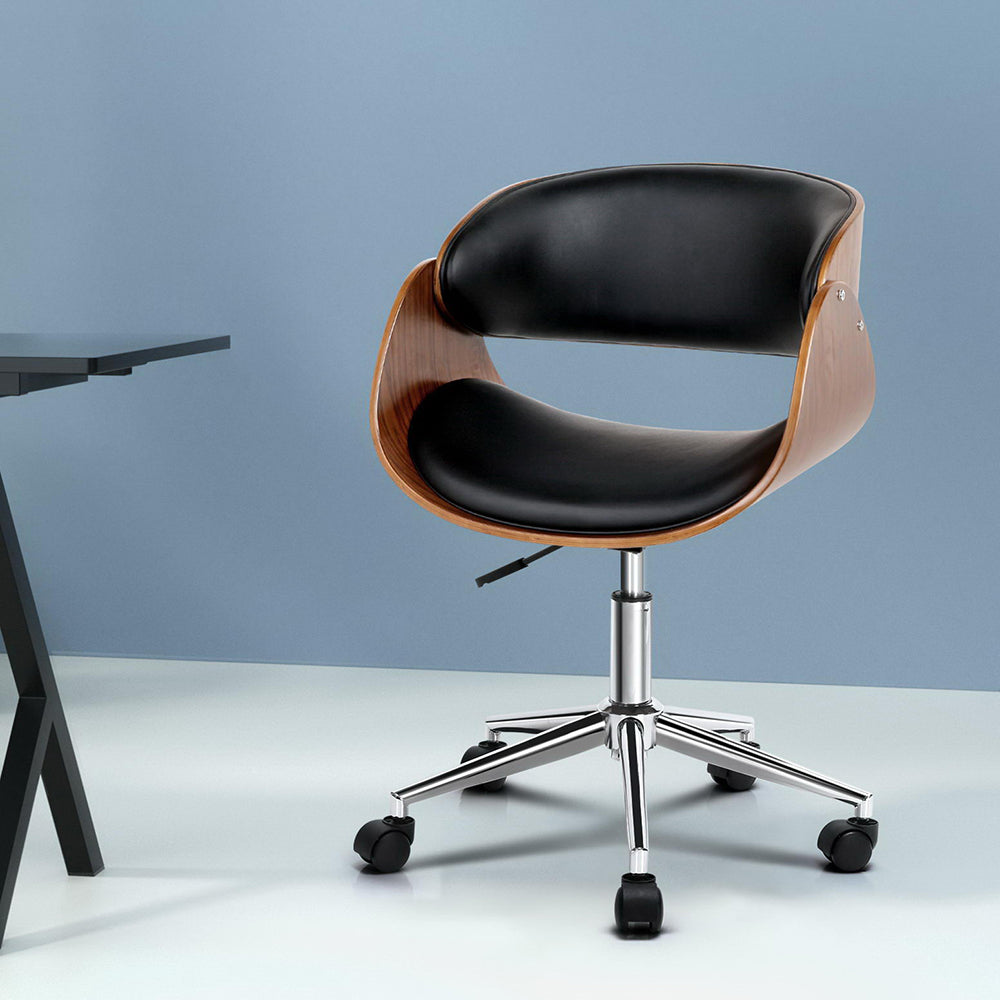 Artiss Office Chair Wooden and Leather Black