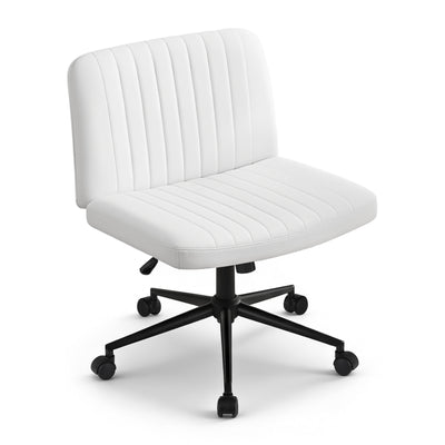 Artiss Criss Cross Chair with Wheels Wide Cross Legged Office Desk Vanity Chair PU Leather, Armless Height Adjustable Swivel Home Office Chair for Home Computer Task, White