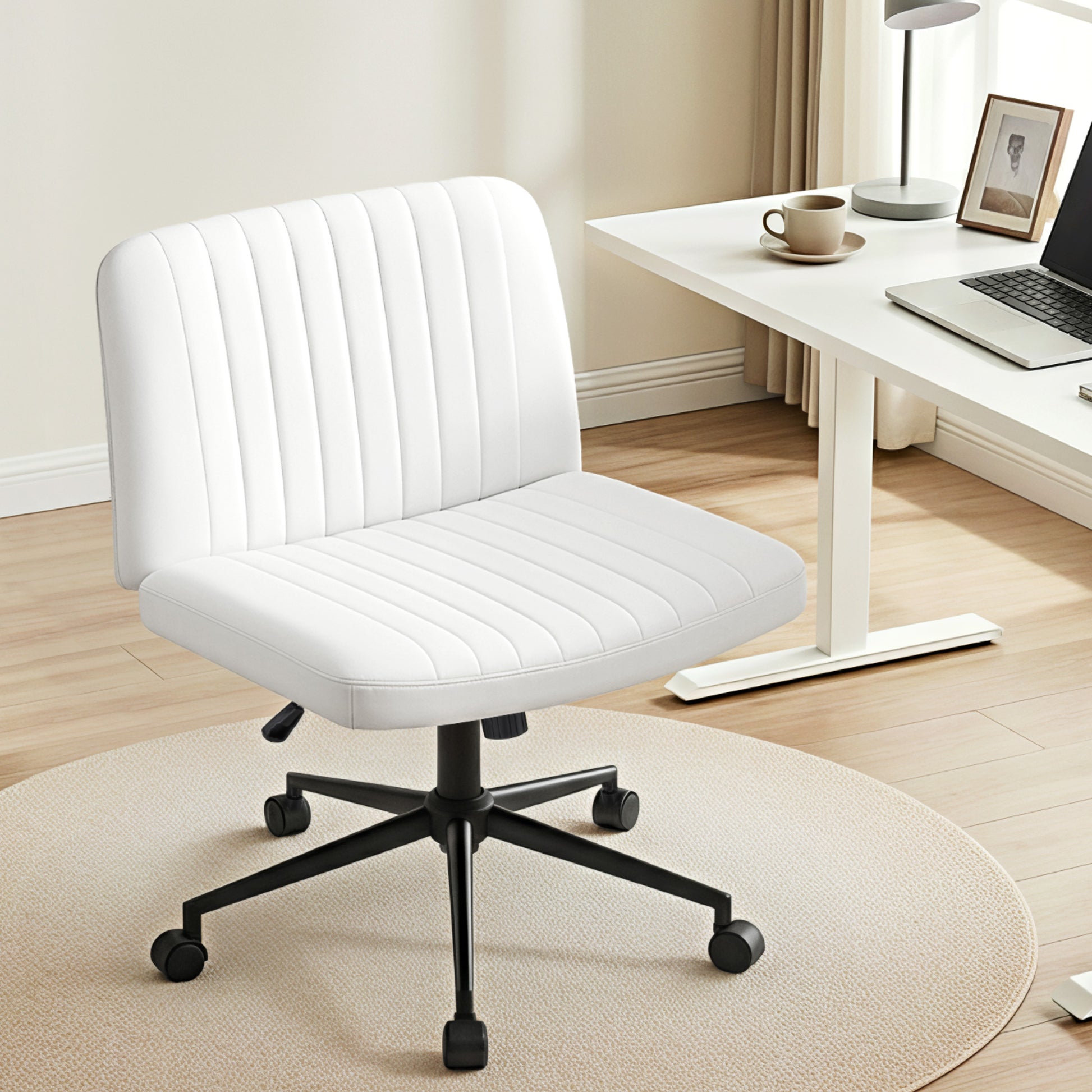 Artiss Criss Cross Chair with Wheels Wide Cross Legged Office Desk Vanity Chair PU Leather, Armless Height Adjustable Swivel Home Office Chair for Home Computer Task, White