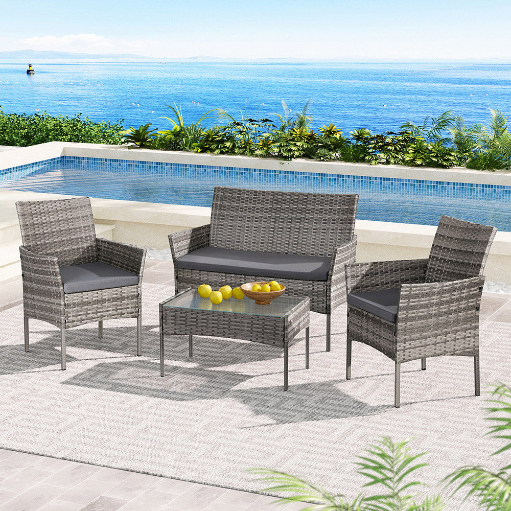 Gardeon 4 Seater Outdoor Sofa Set Wicker Setting Table Chair Furniture Grey