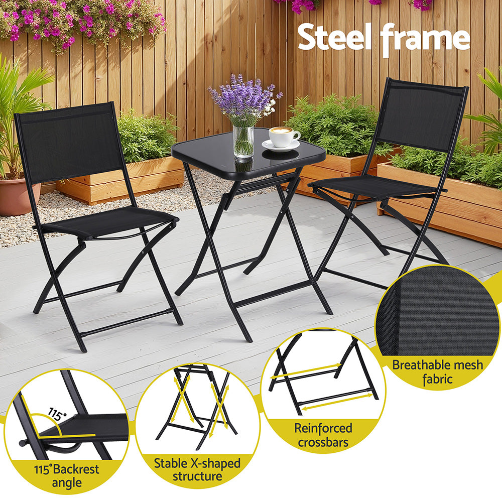 Gardeon Outdoor Bistro Set Folding Table and Chairs Patio Furniture Garden Steel Black