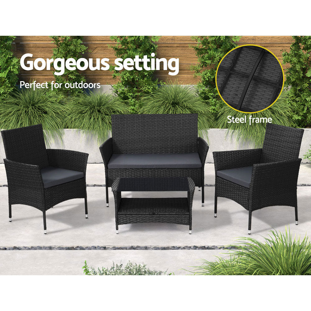 Gardeon 4 Piece Outdoor Dining Set Furniture Lounge Setting Table Chairs Black