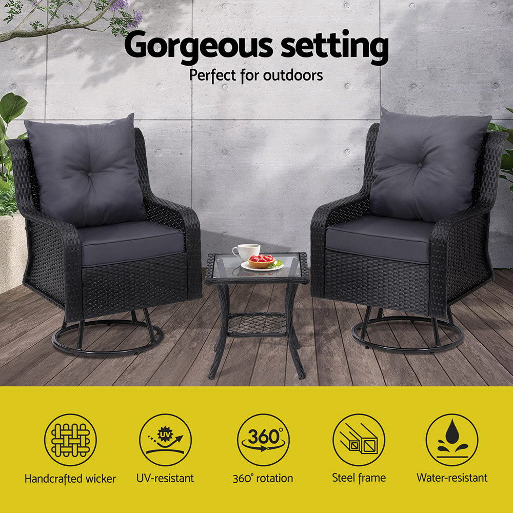 Gardeon Outdoor Chairs Patio Furniture Lounge Setting 3 Pcs Wicker Swivel Chair Table Bistro Set