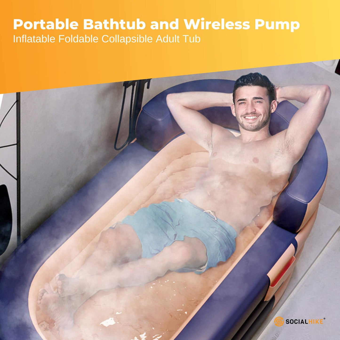 Portable Bathtub and Wireless Pump - Inflatable Foldable Collapsible Adult Tub Orange