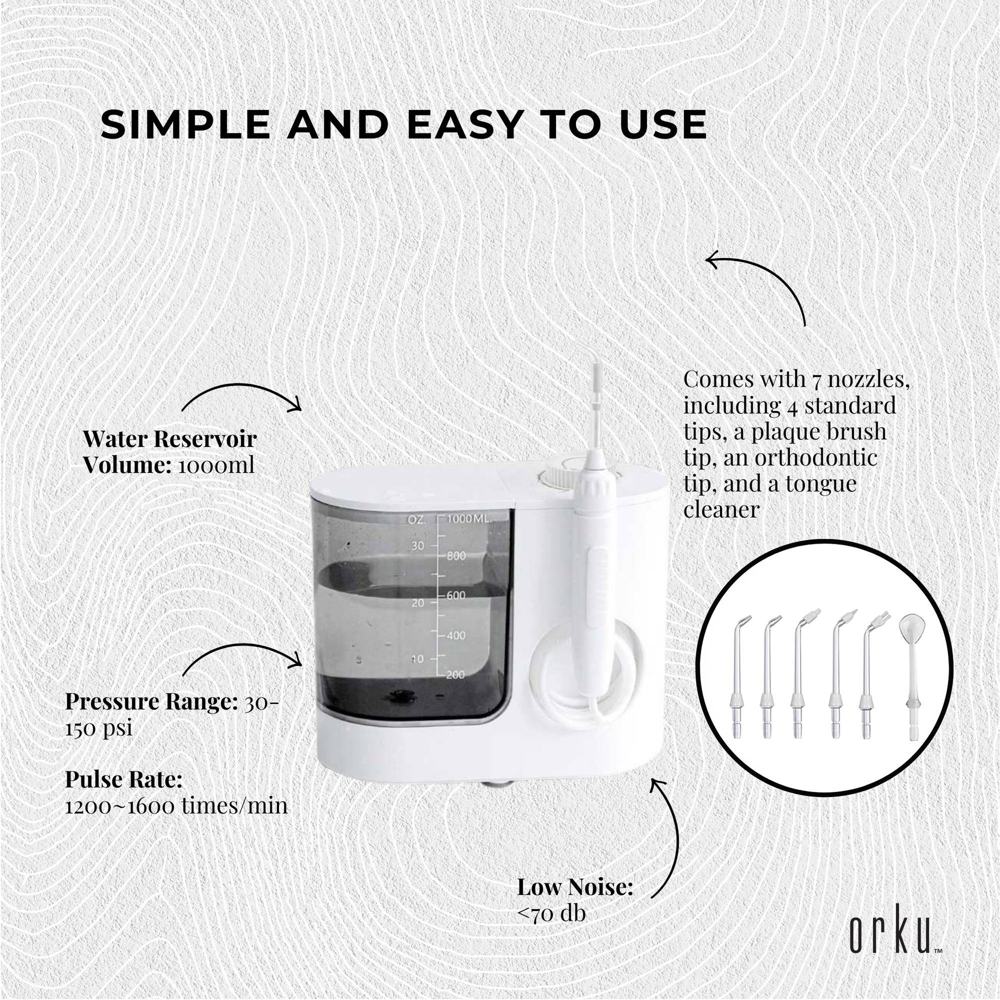 Orku 1000ml Water Flosser Electric Oral Irrigator - Stepless Pressure White