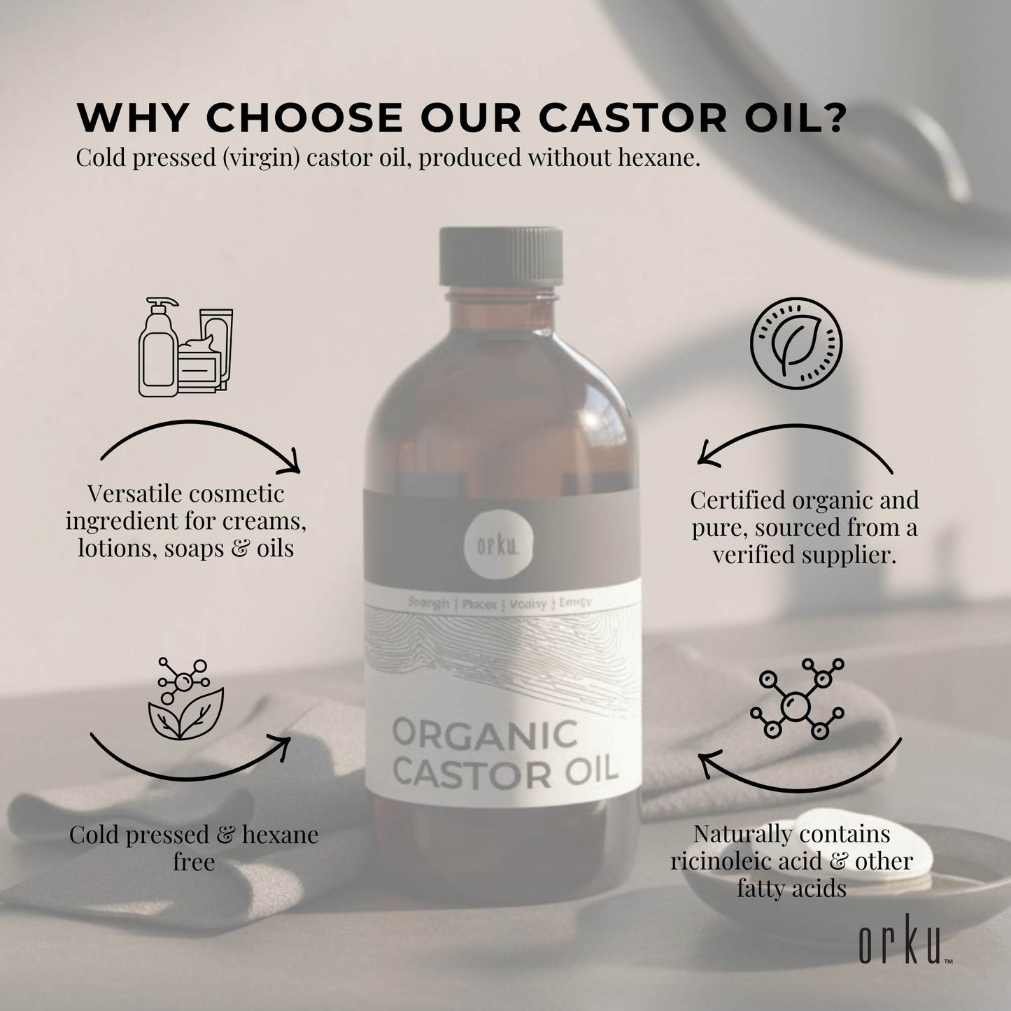 Orku 100ml Organic Castor Oil - Hexane Free Cold Pressed