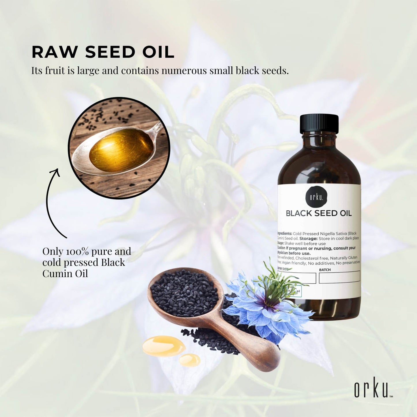 Orku 100ml Pure Black Seed Oil Cold Pressed 100% Ethiopian Nigella Sativa Cumin