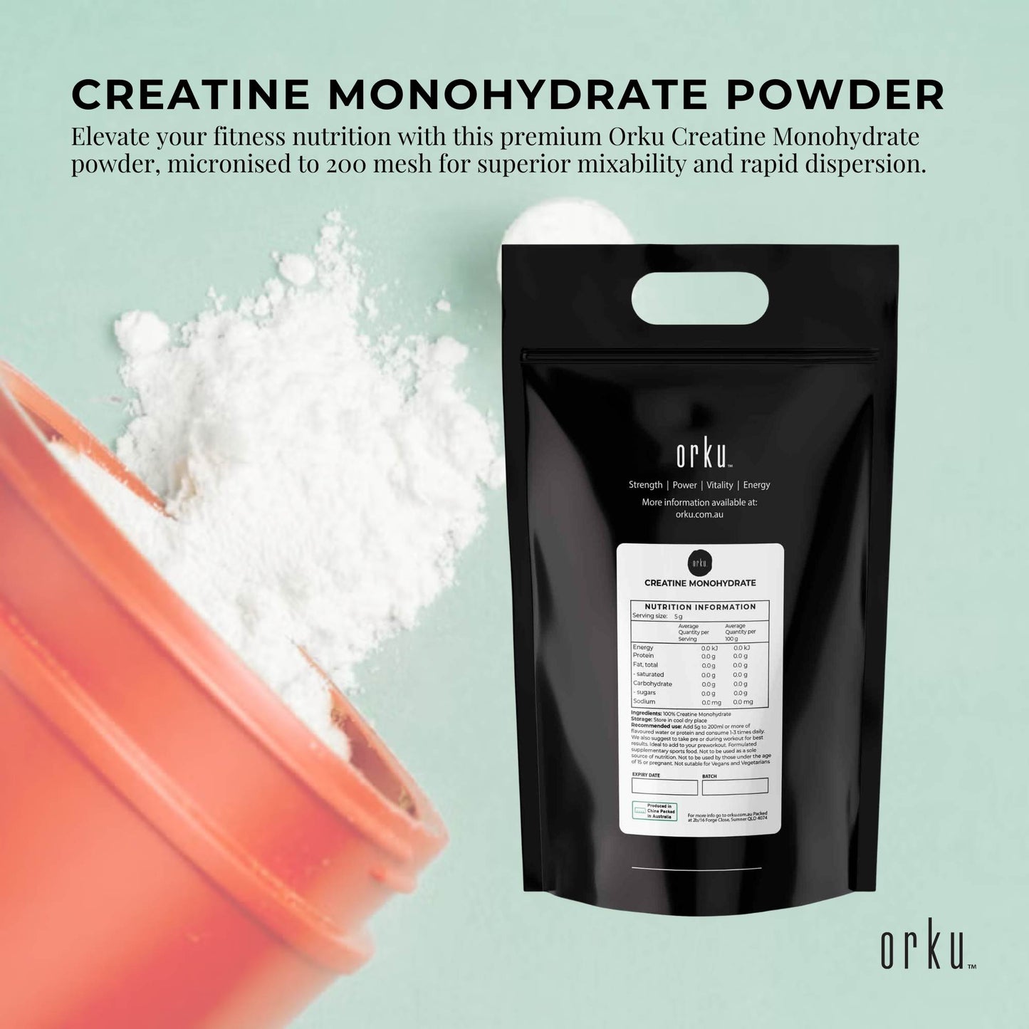 Orku 20Kg Creatine Monohydrate Powder 200 Mesh Micronised 99.9% Pure Unflavoured