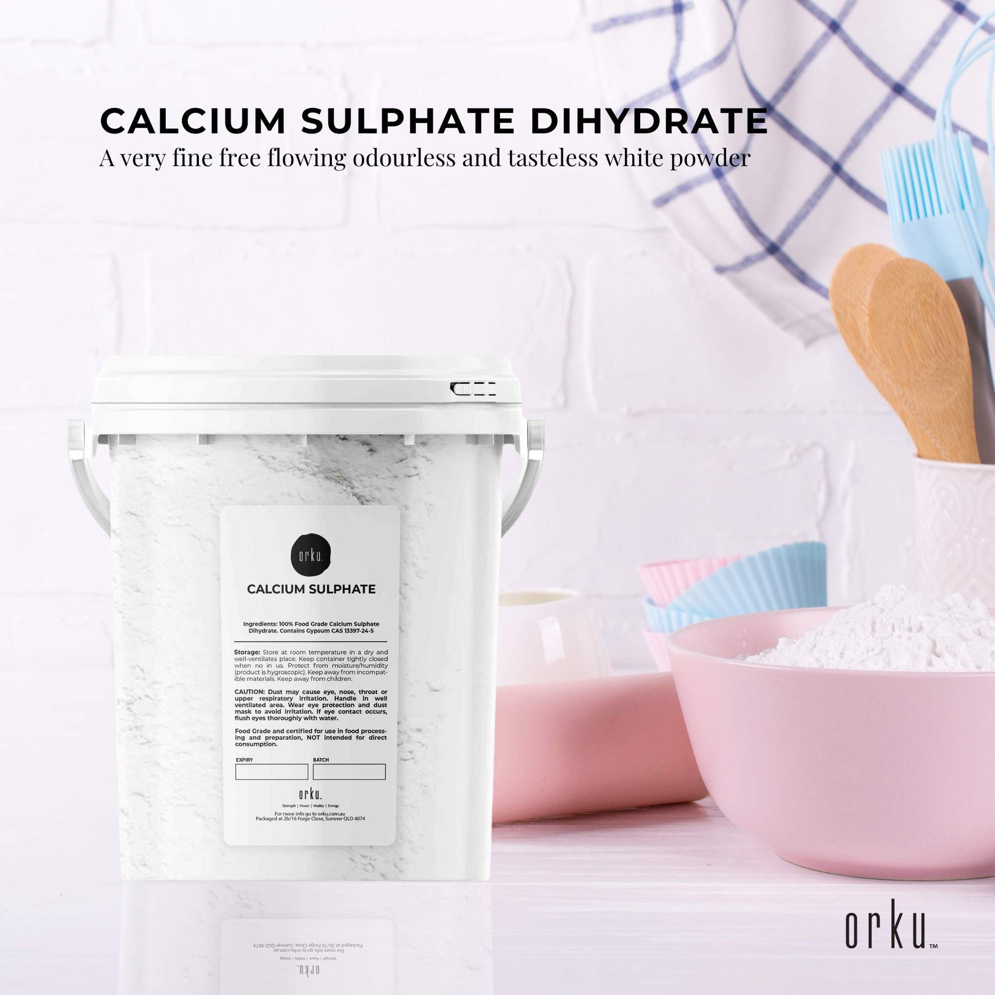 Orku 1Kg Fine Calcium Sulphate Gypsum Powder Tub - Dihydrate Food Grade FCC E516
