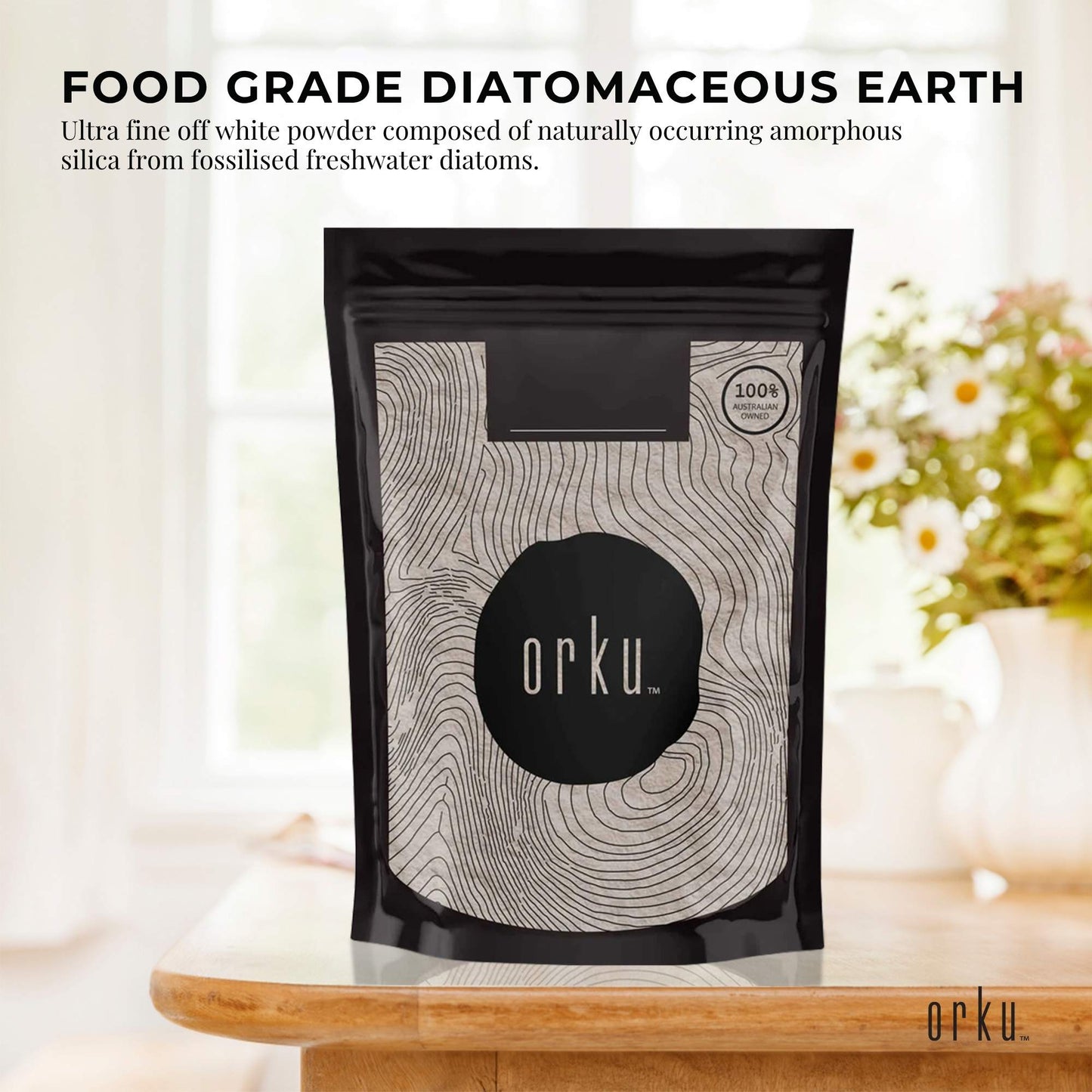 Orku 1Kg Fine Diatomaceous Earth - Food Grade FCC Fossil Shell Flour Powder
