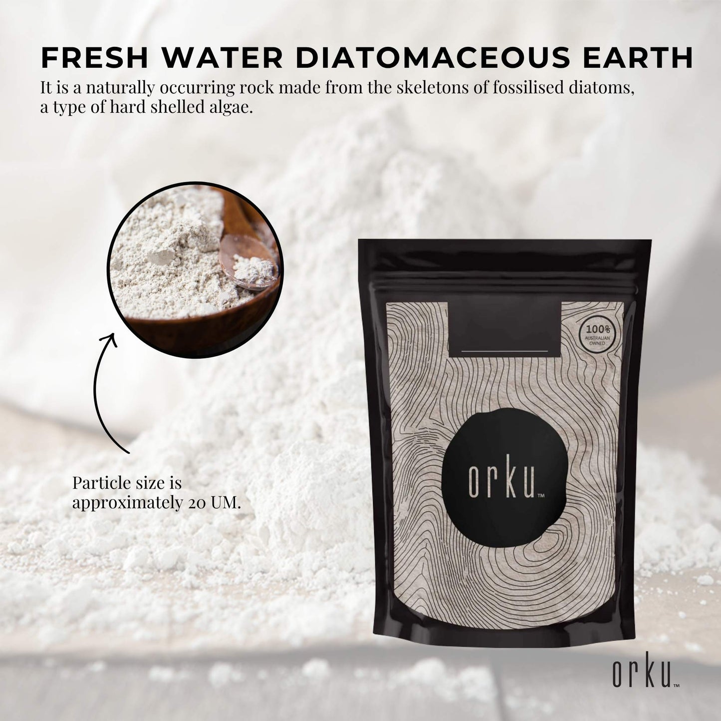 Orku 1Kg Fine Diatomaceous Earth - Food Grade FCC Fossil Shell Flour Powder