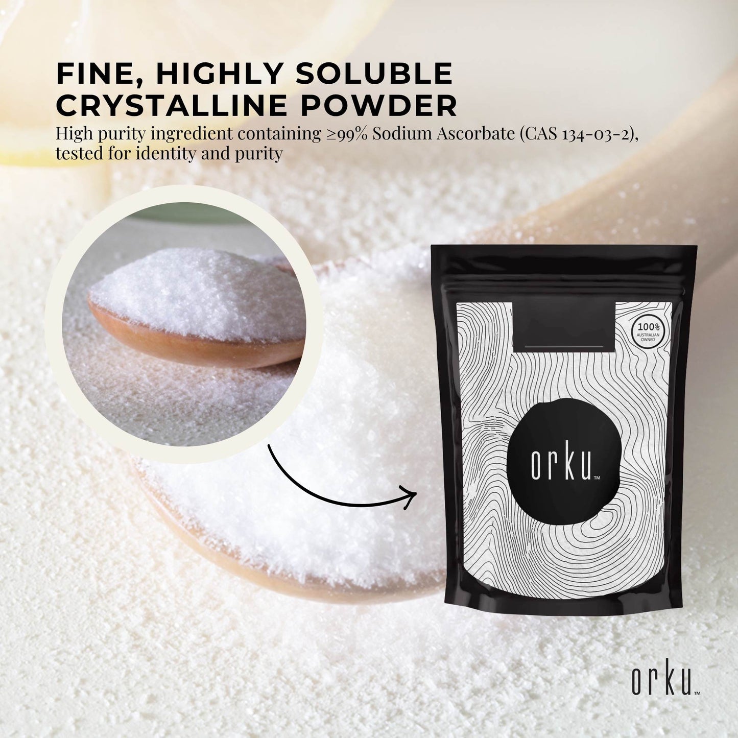 Orku 2Kg Sodium Ascorbate - High Purity Soluble Crystalline Powder Ingredient